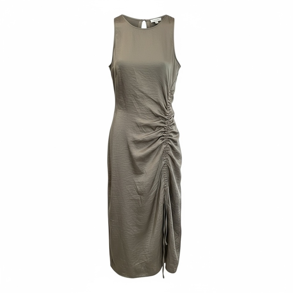 House of Harlow 1960 ruched taupe champagne satin like dress with slit